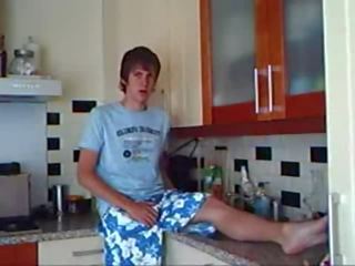 Stupendous gay adolescent wanks in the kitchen